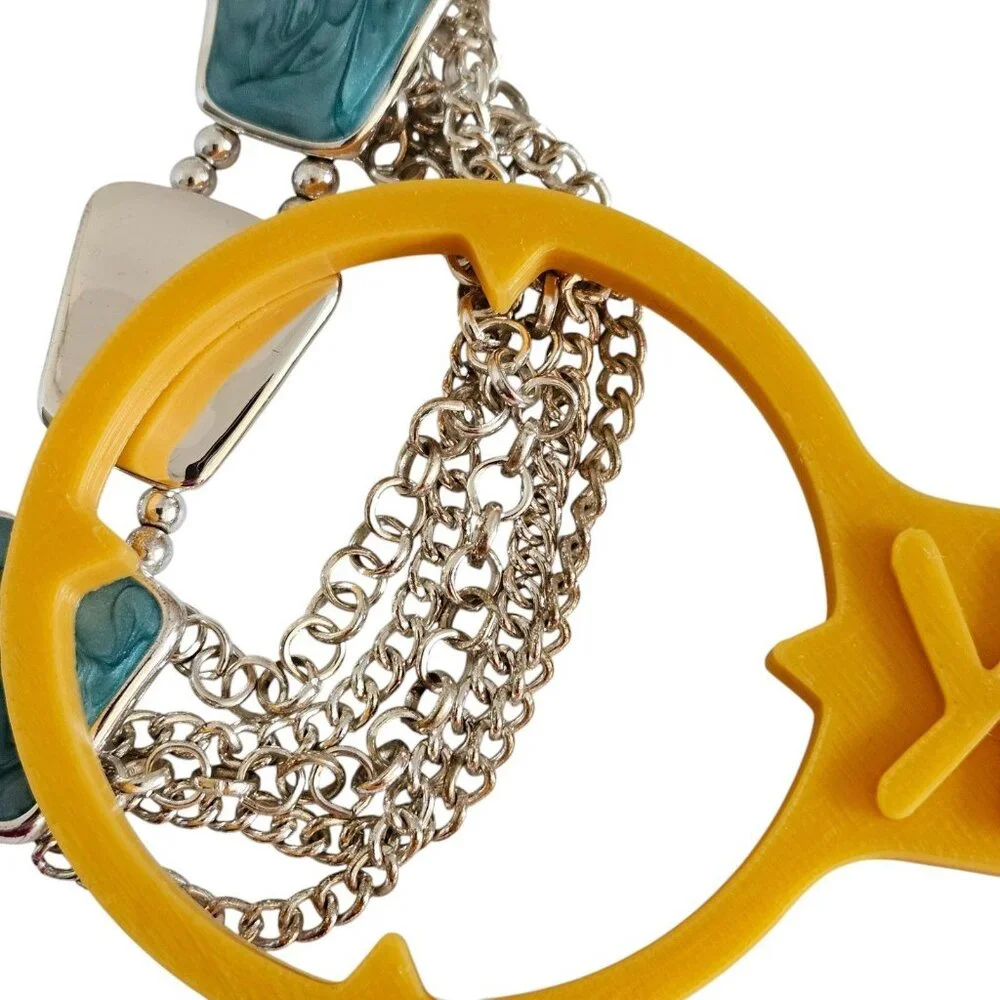 Teal Blue Enamel Silver Tone Geometric Statement Necklace Matching Bracelet